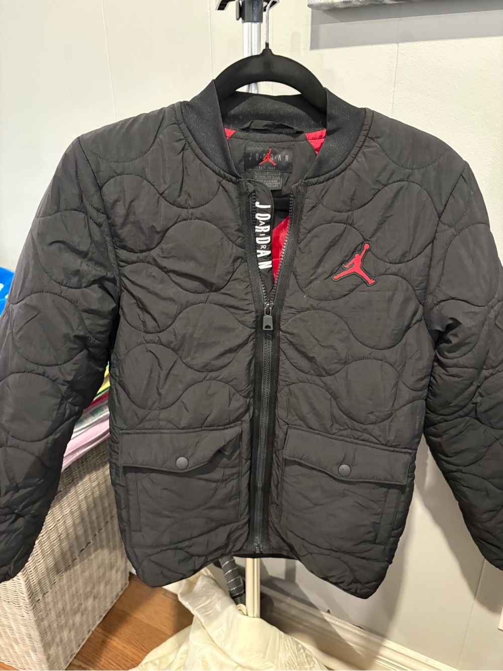 Jordan Kids Black Quilted Puffer Jacket with Red Jumpman